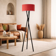 Lampa podłogowa drewniana na trójnogu z czerwonym abażurem LED ELX