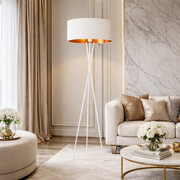 Biała lampa stojąca na 3 nogach PARYŻ GOLD do salonu w stylu glamour
