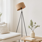 Designerska lampa stojąca na trójnogu MALMO ECO z fornirowym kloszem