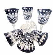 MaRika crystal Czarne Kieliszki Kryształowe do Wina – Zestaw 6 Sztuk z Ręcznie Zdobionym Wzorem Krata Oliwka, Pojemność 220 ml, MaRika