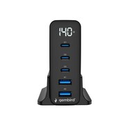 Gembird Ładowarka uniwersalna GaN 140W LCD 3xUSB-C 2xUSB-A czarna Gembird