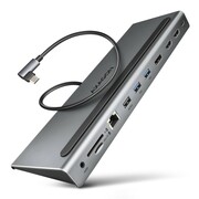 AXAGON HMC-4KX3 Wieloportowy hub USB 11in1, 5Gbps, 3x USB-A, 2x HDMI 4K/60Hz+ DP 4K/60Hz+ GLAN + SD/microSD + audio, PD 100W, 40cm USB-C kabel AXAGON