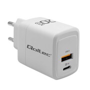 Qoltec Ładowarka sieciowa 20W GaN | 5-20V | 1.5-3A | 1xUSB-C PD | 1xUSB QC 3.0 | Biała Qoltec