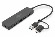 Digitus Hub USB 3.0/Koncentrator 4-portowy SlimLine USB A + adapter USB-C 5Gbps, złącze zasilania USB-C Digitus