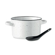 Ceramiczna miska garnek do zupy Vintage z łyżką 550ml biała nakrapiana Midocean