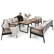 Zestaw mebli ogrodowych z aluminium SYCYLIA czarny + imitacja drewna, beżowe poduszki