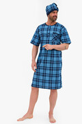 Męska koszula nocna i czapka nocna Alex w niebieską kratkę XXL Cornette