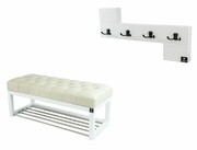 Ławka Pufa Pikowana Ekoskóra Ecru Guzik Tapicerowany LPP-4 + Wieszak Ścienny WDC-35 Kolory Emra Wood Design