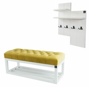 Ławka Pufa Pikowana Żółcień Cytrynowa Guzik Tapicerowany LPP-3 + Wieszak Ścienny WDC-5 Kolory Emra Wood Design