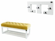Ławka Pufa Pikowana Żółty Guzik Tapicerowany LPP-4 + Wieszak Ścienny WDC-22 Kolory Emra Wood Design