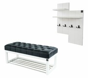 Ławka Pufa Pikowana Ekoskóra Czarna Guzik Tapicerowany LPP-4 + Wieszak Ścienny WDC-5 Kolory Emra Wood Design