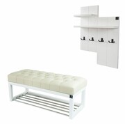 Ławka Pufa Pikowana Ekoskóra Ecru Guzik Tapicerowany LPP-4 + Wieszak Ścienny WDC-5 Kolory Emra Wood Design