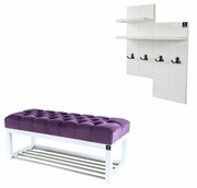Ławka Pufa Pikowana Fioletowy Guzik Tapicerowany LPP-4 + Wieszak Ścienny WDC-5 Kolory Emra Wood Design
