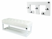 Ławka Pufa Pikowana Ekoskóra Biała LPP-3 + Wieszak Ścienny WDC-22 Emra Wood Design