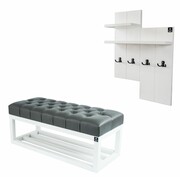 Ławka Pufa Pikowana Ekoskóra Grafit Guzik Tapicerowany LPP-3 + Wieszak Ścienny WDC-5 Kolory Emra Wood Design