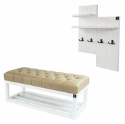 Ławka Pufa Pikowana Ekoskóra Beż Guzik Tapicerowany LPP-3 + Wieszak Ścienny WDC-5 Kolory Emra Wood Design