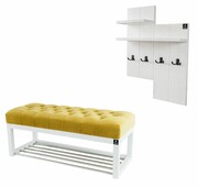 Ławka Pufa Pikowana Żółty Guzik Tapicerowany LPP-4 + Wieszak Ścienny WDC-5 Kolory Emra Wood Design