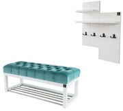 Ławka Pufa Pikowana Mięta Guzik Tapicerowany LPP-4 + Wieszak Ścienny WDC-5 Kolory Emra Wood Design