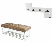 Ławka Pufa Pikowana Ekoskóra Cappuccino Guzik Tapicerowany LPP-4 + Wieszak Ścienny WDC-35 Kolory Emra Wood Design