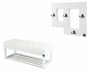Ławeczka Pufa Pikowana Ekoskóra Biały Guzik Tapicerowany LPP-4 + Wieszak Ścienny WDC-19 Kolory Emra Wood Design