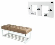 Ławka Pufa Pikowana Ekoskóra Cappuccino Guzik Tapicerowany LPP-4 + Wieszak Ścienny WDC-22 Kolory Emra Wood Design