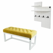 Ławka Pufa Pikowana Żółcień Cytrynowa Guzik Tapicerowany LPP-2 + Wieszak Ścienny WDC-5 Kolory Emra Wood Design