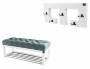 Ławka Pufa Pikowana Popiel Guzik Tapicerowany LPP-4 + Wieszak Ścienny WDC-22 Kolory Emra Wood Design
