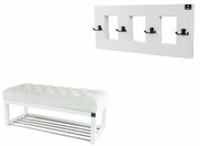 Ławeczka Pufa Pikowana Biały Guzik Tapicerowany LPP-4 + Wieszak Ścienny WDC-17 Kolory Emra Wood Design