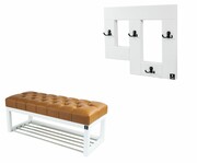Ławeczka Pufa Pikowana Ekoskóra Brąz Guzik Tapicerowany LPP-4 + Wieszak Ścienny WDC-19 Kolory Emra Wood Design