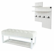 Ławka Pufa Pikowana Biały Guzik Tapicerowany LPP-4 + Wieszak Ścienny WDC-5 Kolory Emra Wood Design