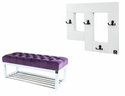 Ławeczka Pufa Pikowana Fioletowy Guzik Tapicerowany LPP-4 + Wieszak Ścienny WDC-19 Kolory Emra Wood Design