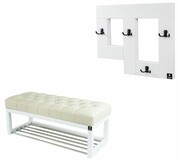 Ławeczka Pufa Pikowana Ekoskóra Ecru Guzik Tapicerowany LPP-4 + Wieszak Ścienny WDC-19 Kolory Emra Wood Design