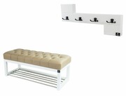 Ławka Pufa Pikowana Ekoskóra Beż Guzik Tapicerowany LPP-4 + Wieszak Ścienny WDC-35 Kolory Emra Wood Design