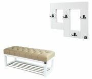 Ławeczka Pufa Pikowana Ekoskóra Beż Guzik Tapicerowany LPP-4 + Wieszak Ścienny WDC-19 Kolory Emra Wood Design