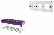 Ławeczka Pufa Pikowana Fioletowy Guzik Tapicerowany LPP-4 + Wieszak Ścienny WDC-17 Kolory Emra Wood Design