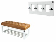 Ławeczka Pufa Pikowana Ekoskóra Brąz Guzik Tapicerowany LPP-4 + Wieszak Ścienny WDC-17 Kolory Emra Wood Design