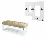 Ławka Pufa Pikowana Ekoskóra Beż Guzik Tapicerowany LPP-3 + Wieszak Ścienny WDC-19 Emra Wood Design