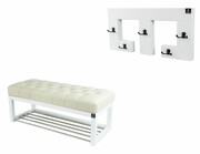 Ławka Pufa Pikowana Ekoskóra Ecru Guzik Tapicerowany LPP-4 + Wieszak Ścienny WDC-22 Kolory Emra Wood Design