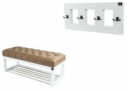Ławeczka Pufa Pikowana Ekoskóra Brąz Guzik Tapicerowany LPP-4 + Wieszak Ścienny WDC-17 Kolory Emra Wood Design