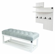 Ławka Pufa Pikowana Ekoskóra Popiel Guzik Tapicerowany LPP-3 + Wieszak Ścienny WDC-5 Kolory Emra Wood Design