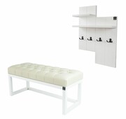 Ławka Pufa Pikowana Ekoskóra Ecru Guzik Tapicerowany LPP-2 + Wieszak Ścienny WDC-5 Kolory Emra Wood Design