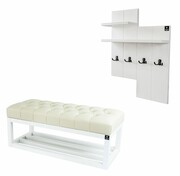 Ławka Pufa Pikowana Ekoskóra Ecru Guzik Tapicerowany LPP-3 + Wieszak Ścienny WDC-5 Kolory Emra Wood Design