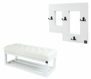 Ławka Pufa Pikowana Ekoskóra Biała Guzik Tapicerowany LPP-3 + Wieszak Ścienny WDC-19 Emra Wood Design