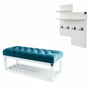 Ławka Pufa Pikowana Turkus Guzik Tapicerowany LPP-3 + Wieszak Ścienny WDC-5 Kolory Emra Wood Design