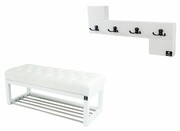 Ławka Pufa Pikowana Ekoskóra Biała Guzik Tapicerowany LPP-4 + Wieszak Ścienny WDC-35 Kolory Emra Wood Design