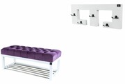 Ławka Pufa Pikowana Fioletowy Guzik Tapicerowany LPP-4 + Wieszak Ścienny WDC-22 Kolory Emra Wood Design