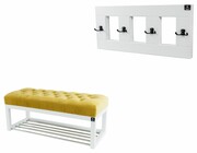 Ławeczka Pufa Pikowana Żółty Guzik Tapicerowany LPP-4 + Wieszak Ścienny WDC-17 Kolory Emra Wood Design