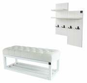 Ławka Pufa Pikowana Biały Guzik Tapicerowany LPP-3 + Wieszak Ścienny WDC-5 Kolory Emra Wood Design