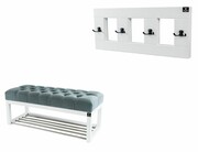 Ławeczka Pufa Pikowana Popiel Guzik Tapicerowany LPP-4 + Wieszak Ścienny WDC-17 Kolory Emra Wood Design