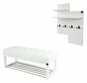 Ławka Pufa Pikowana Ekoskóra Biały Guzik Tapicerowany LPP-4 + Wieszak Ścienny WDC-5 Kolory Emra Wood Design